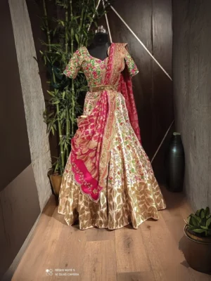 Peach thread Embroidery lehenga