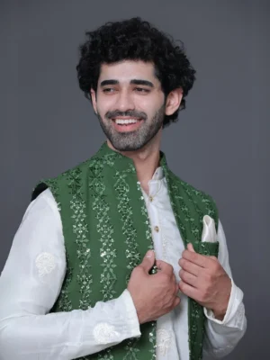 White Kurta With long Green Jacket