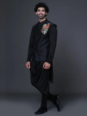 Black Kurta with Handcrafted Bird Design Jacket