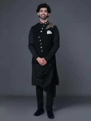 Black Koti Set Drape Kurta
