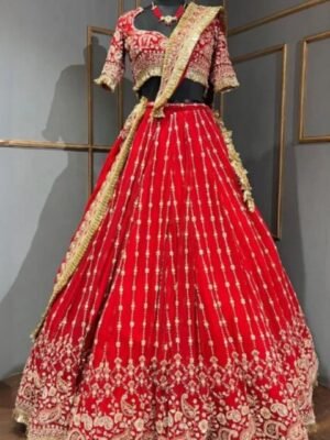 Red pearl work Embrodiary lehenga