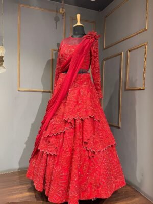 Red drape lehenga
