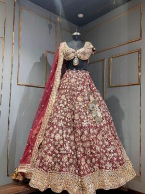 Mehroon mirror embroidery lehenga