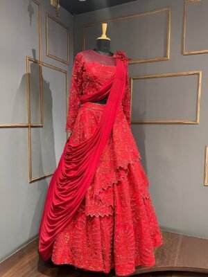 Red drape lehenga