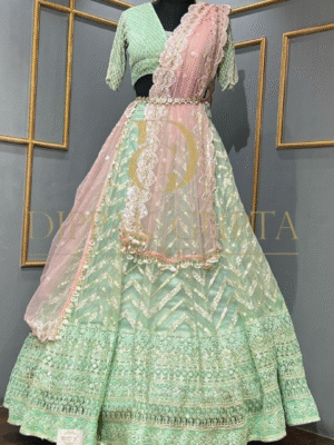 Sea green thread embroidery lehenga